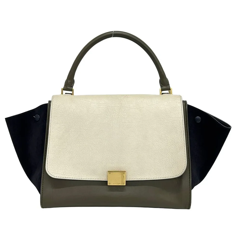 Celine Trapeze Medium Handbag Cream Khaki Gray Dark Navy Leather Suede